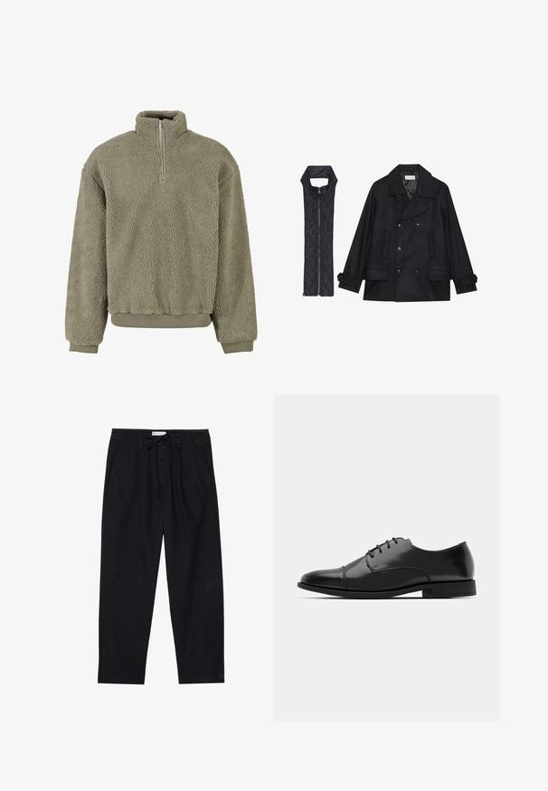 Schwarzer wollener Peacoat mit doppelt geknöpften Knöpfen und großem Kragen, kombiniert mit einer ärmellosen schwarzen gesteppte Weste mit Reißverschluss.; Fleece-Pullover in Olivgrün mit einem halben Reißverschluss. Strukturierte Außenseite und gerippte Bündchen und Saum. Lockere Passform sorgt für Komfort.; Pier One Chino - black; Schwarzer Leder-Dieerschuh mit runder Zehenform, Schnürdesign, dezenten Nähdetails und niedrigem Absatz. Glatte Textur mit polierter Oberfläche.