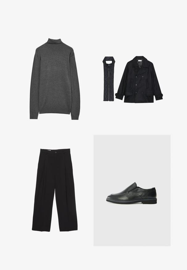 Schwarzer wollener Peacoat mit doppelt geknöpften Knöpfen und großem Kragen, kombiniert mit einer ärmellosen schwarzen gesteppte Weste mit Reißverschluss.; Grauer Rollkragenpullover aus strukturiertem Strickstoff. Hat lange Ärmel und gerippte Bündchen, mit einer engen Passform am Hals.; Schwarze weit geschnittene Hose aus glattem Stoff, mit flachem Taillenbund, vorderen Falten und einer einzigen Knopfverschlus.; Schwarze Leder-Slipper mit glattem Obermaterial, gesteppten Akzenten, runder Zehenpartie und niedrigem Gummiabsatz. Die Sohle hat ein minimales Profil.