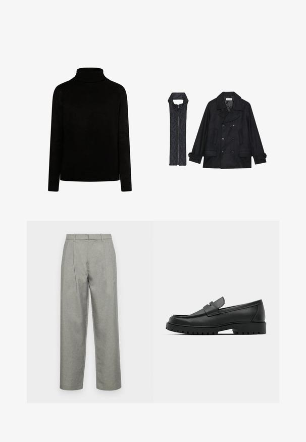 Melnā vilnas jaka ar dubulto pogu rindas un lielu apkakli, apvienota ar bez piedurknēm melnu piepūšamā vesta ar rāvējslēdzēju.; Melnā turtlenecka džemperis ar ribotu tekstūru, ar garām piedurknēm un pielāgotu siluetu. Satur adījuma detaļas apkaklē un aprocēs.; Pelēki piegriezti bikses, izgatavotas no teksturēta auduma, ar taisnu kāju dizainu, priekšējiem krokām un standarta jostu ar jostu cilpām.; Melnas ādas loafers ar noapaļotu purngalu, ar izšūtu dizainu, zemu platformas zoli un teksturētu, rievotu gumijas ārējo zoli.