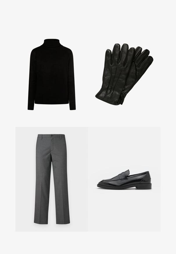 Crni vuneni kaput s dvostrukim kopčanjem i velikim ovratnikom, uparen s crnim bezrukavnim jaknom od mrežastog materijala sa zatvaračem na patent.; Crna turtleneck dukserica s rebrastom teksturom, dugih rukava i tijela prianjajućeg kroja. Ima pletene detalje na ovratniku i manžetama.; Sive krojene hlače od teksturirane tkanine, s ravnim nogavicama, zatvaranjem na gumb i petljama za pojas. Nema vidljivih uzoraka ili naglasaka.; Crne kožne mokasine s glatkom površinom, s okruglim vrhom i uskim pojasom preko gornjeg dijela. Nizak slojeviti potplat.; Crne kožne rukavice glatke teksture, s pet prstiju i suptilnim detaljima šivanja. Klasičan dizajn, pogodan za upotrebu u hladnom vremenu.