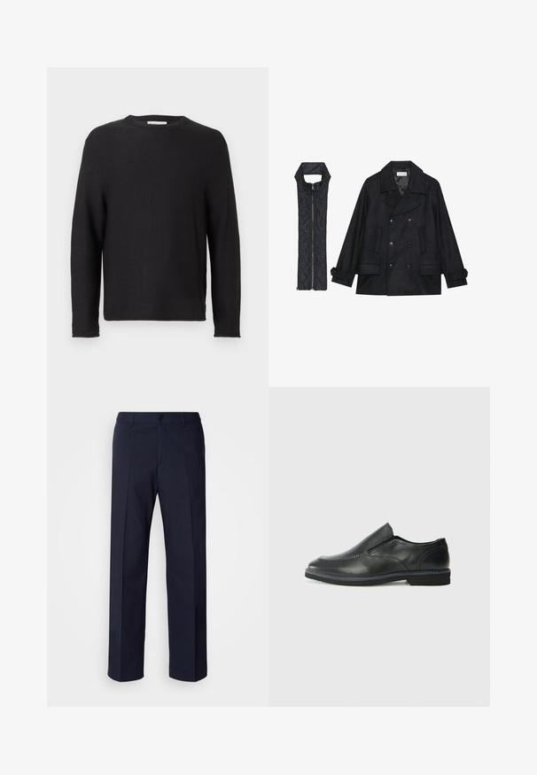 Melnā vilnas jaka ar dubulto pogu rindas un lielu apkakli, apvienota ar bez piedurknēm melnu piepūšamā vesta ar rāvējslēdzēju.; Melna adīta džemperis ar apaļu izgriezumu un garām piedurknēm. Iezīmējas ar ribotu tekstūru un šūtiem malām, ar etiķeti pie izgriezuma.; Tumši zili bikses ar taisnām kājām, izgatavotas no gludas auduma, ar priekšējām krokām un vienu pogu aizdari.; Melnas ādas slip-on kurpes ar gludu augšdaļu, izšūtām akcentiem, noapaļotu purngala daļu un zemu gumijas papēdi. Zole ar minimālu rakstu.