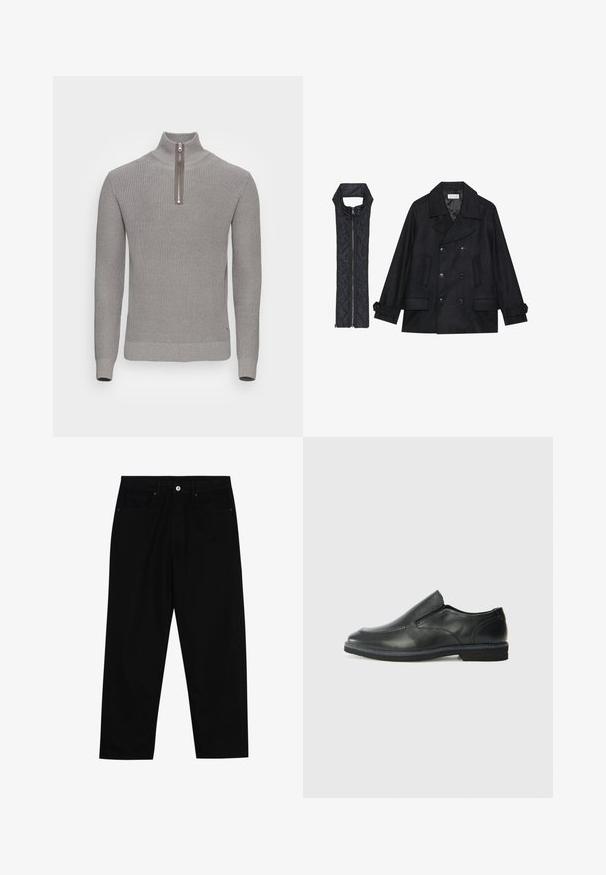 Μαύρο μάλλινο παλτό με διπλό κούμπωμα και μεγάλο γιακά, συνδυασμένο με ένα αμάνικο μαύρο καπιτονέ γιλέκο που διαθέτει φερμουάρ.; Γκρι πλεκτό πουλόβερ με ψηλό γιακά και μισό φερμουάρ. Διαθέτει υφασμάτινο σχέδιο και ραμμένα μανίκια και τελείωμα για εφαρμοστό look.; Μαύρο τζιν παντελόνι με ίσια γραμμή, στυλ πέντε τσεπών και κλείσιμο με κουμπί μπροστά. Απαλή υφή με ελάχιστες ραφές.; Μαύρο δερμάτινο παπούτσι χωρίς κορδόνια με λείο επάνω μέρος, ραφές, στρογγυλή μύτη και χαμηλό λάστιχο τακούνι. Η σόλα διαθέτει ελάχιστο σχέδιο.