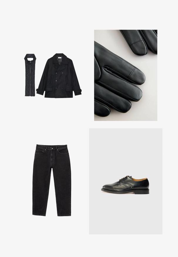 Schwarzer wollener Peacoat mit doppelt geknöpften Knöpfen und großem Kragen, kombiniert mit einer ärmellosen schwarzen gesteppte Weste mit Reißverschluss.; Schwarzes Langarmshirt aus weichem Stoff. Verfügt über einen spitz zulaufenden Kragen, eine durchgehende Knopfleiste und geknöpfte Ärmelabschlüsse. Keine Muster oder Akzente.; Schwarze hochtaillierte gerade Jeans aus Denim mit vorderem Knopf, Reißverschluss, Gürtelschlaufen und fünf Taschen Design.; Schwarzer Lederschuh mit glatter Oberfläche, abgerundetem Zehenbereich und minimaler Schnürung. Verfügt über ein dezentes Design und eine niedrige, robuste Gummisohle.; Schwarze Lederhandschuhe mit glatter Textur, schlankem Design und ausgeprägten Nähten entlang der Finger, die an jedem Finger eine leicht abgerundete Spitze aufweisen.