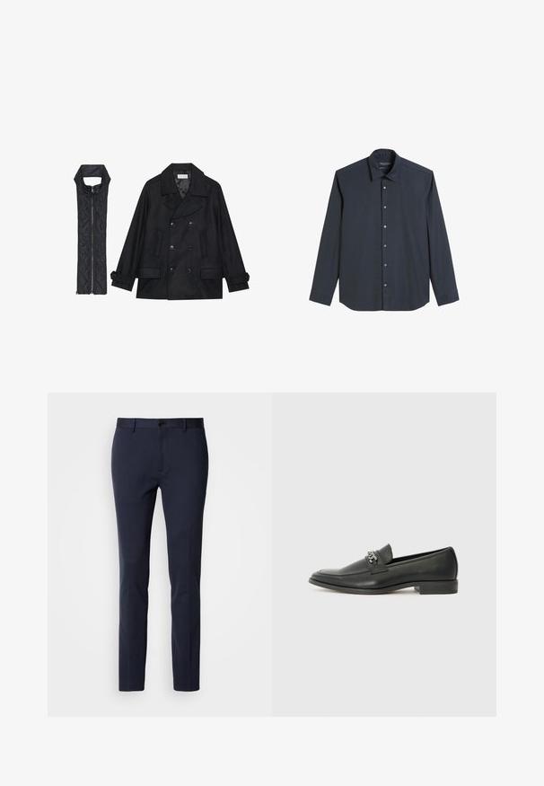 Black woolen peacoat with double-breasted buttons and large collar, paired with a sleeveless black quilted vest featuring a zip closure.; Navy blue button-up shirt with long sleeves, a classic collar, and five silver buttons down the front. Smooth, textured fabric.; Navy trousers made from a smooth, stretch fabric. Features a zip fly, a single button closure, and slim, tapered legs.; Black leather loafer with a smooth finish, featuring a stitched design and a decorative metal chain accent across the vamp. Flat heel.