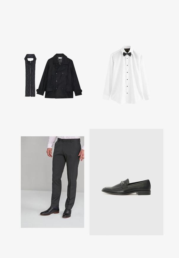 Black woolen peacoat with double-breasted buttons and large collar, paired with a sleeveless black quilted vest featuring a zip closure.; White dress shirt made of cotton, featuring long sleeves, a black bow tie, and black buttons down the front.; Gray tailored trousers with a smooth texture, featuring a flat front and belt loops, paired with black dress shoes.; Black leather loafer with a smooth finish, featuring a stitched design and a decorative metal chain accent across the vamp. Flat heel.