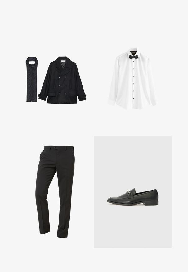 Cappotto di panno nero con bottoni doppi e colletto ampio, abbinato a un gilet senza maniche in tessuto trapuntato nero con chiusura a zip.; Camicia bianca in cotone, con maniche lunghe, un papillon nero e bottoni neri lungo la parte frontale.; Next Trousers - Suit Trousers Slim Fit - Pantaloni eleganti - mottled black; Mocassino in pelle nera con finitura liscia, caratterizzato da un design cucito e da un accento decorativo in catena metallica sul vamp. Tacco piatto.