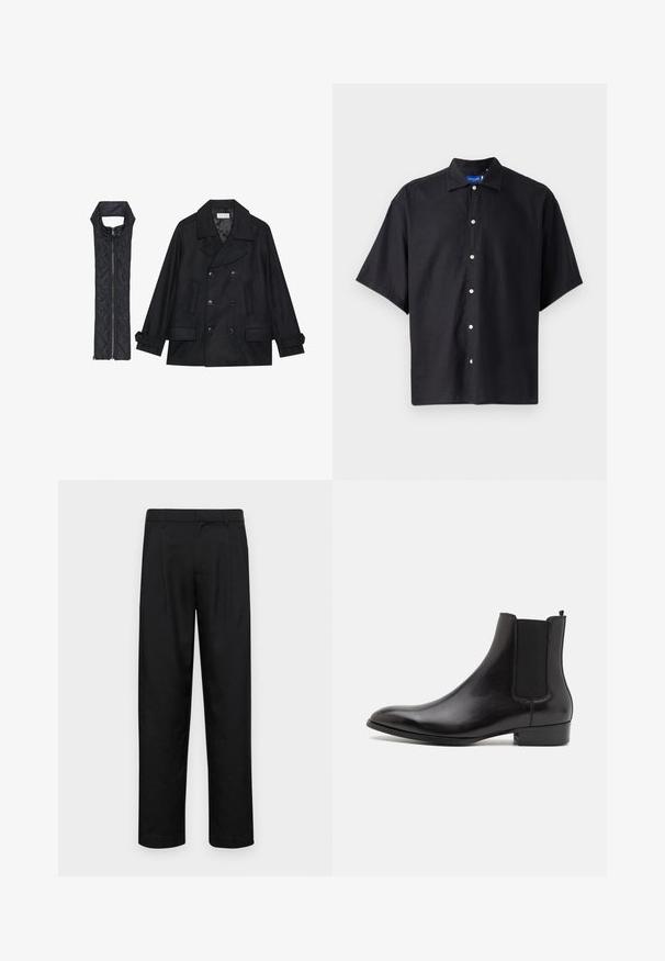 Black woolen peacoat with double-breasted buttons and large collar, paired with a sleeveless black quilted vest featuring a zip closure.; Short-sleeve black shirt made of lightweight fabric, featuring a pointed collar and front button closure with white buttons.; Black trousers made of smooth fabric, featuring a straight-leg design, two front pleats, and standard waistband with belt loops.; ALDO BERT - Classic ankle boots - black