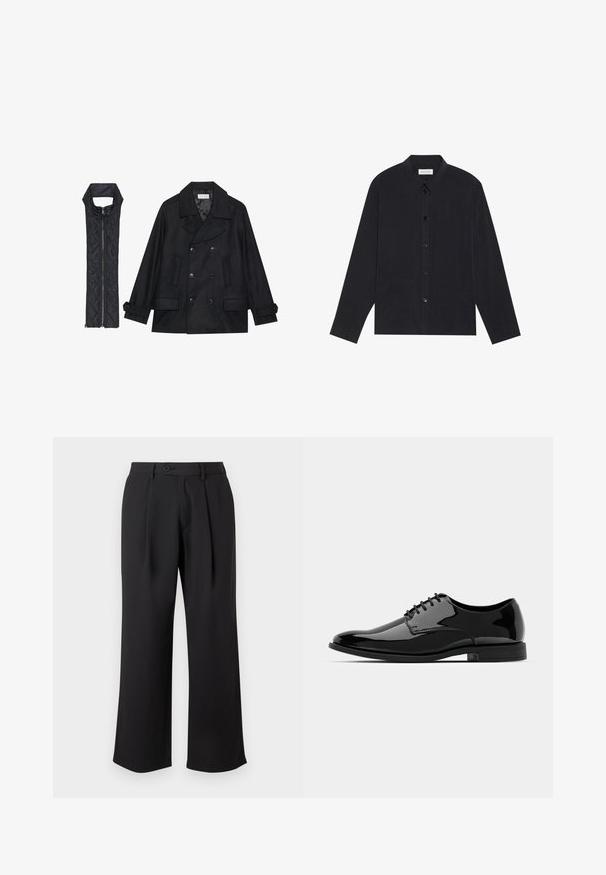 Mustast villast peacoat, millel on topelt nööbid ja suur krae, koos musta ilma varrukateta tikkimisega vestiga, millel on lukuga sulgemine.; Mustavärviline pikkade varrukatega särk, millel on nööbivarruka, krae, kaks eesmist taskut ja tekstuuriga kangas.; Mustad lai jalgadega püksid siledast kangast, millel on ees voldi, nup closure ja küljetaskud.; Mustan läikiva nahast kleitking, millel on ümar varvas, nööridega disain ja sile, läikiv pind. Omab madalat kummitalda.