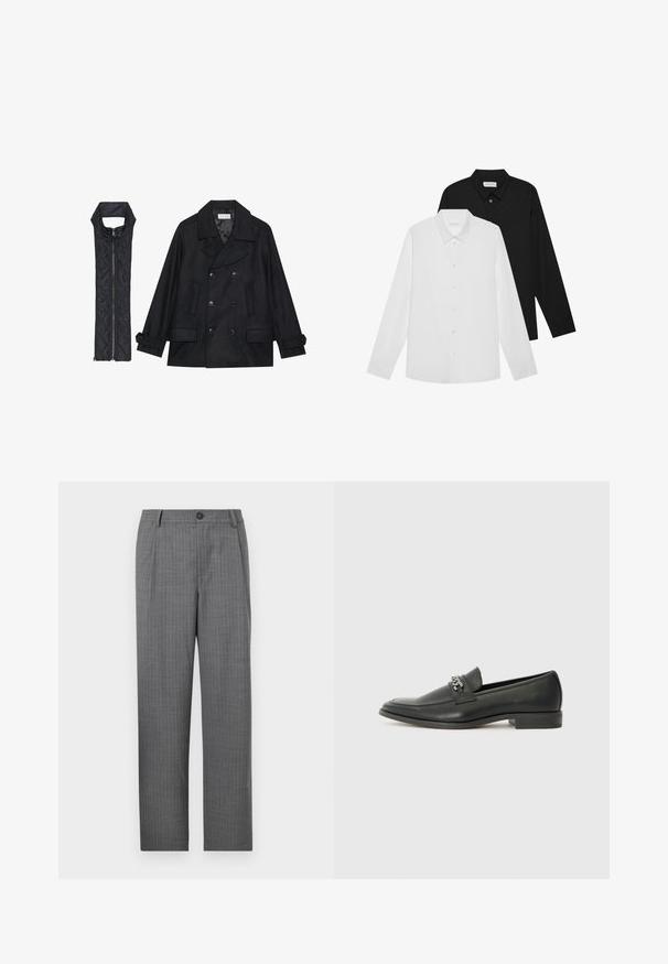 Fekete gyapjú peacoat dupla gombolással és nagy gallérral, melyet egy ujjatlan fekete steppelt mellénnyel párosítanak, amely cipzárral záródik.; Fehér és fekete hosszú ujjú ingek hegyes gallérral, elöl gombokkal és sima anyagtextúrával. Címkék láthatók a nyak belső oldalán.; Szürke, finoman csíkozott szabott nadrág, elöl gombos záródással és egyenes lábvonallal. Nincsenek látható zsebek.; Fekete bőr loaferek sima felülettel, varrott mintával és díszítő fém lánccal a cipő elején. Lapos sarok.