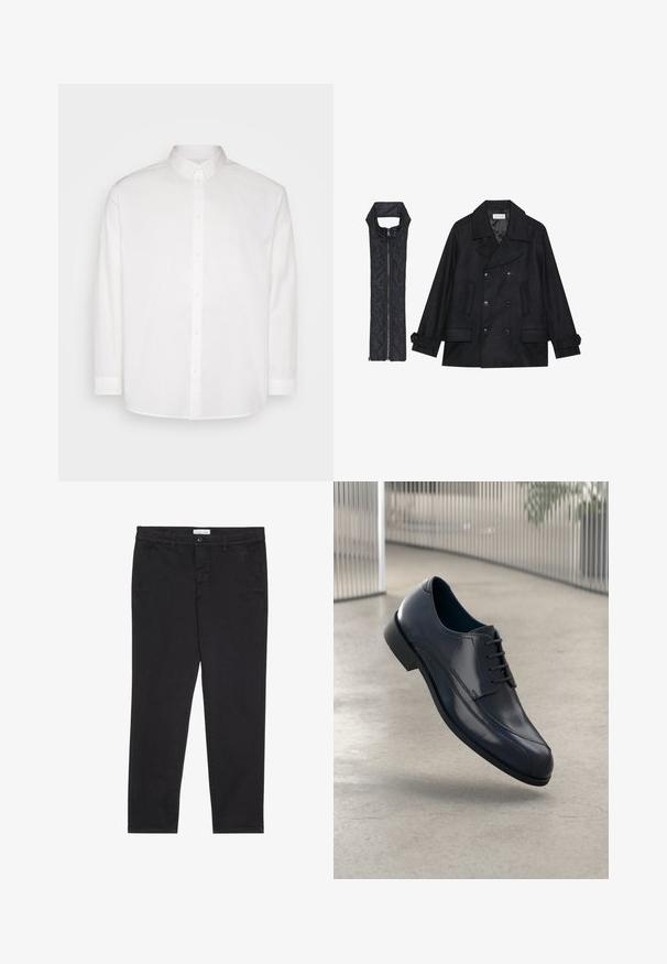 Casaco de lã preto com botões duplos e gola grande, combinado com um colete acolchoado preto sem mangas com fecho de correr.; Pier One Camisa - white; Calças de algodão pretas com um corte justo, apresentando dois bolsos laterais e um fecho frontal com botão. Tecido texturizado com detalhes subtis.; Sapato de dress em couro preto brilhante com atacadores, flutuando acima de um chão liso e cinza claro, com barras metálicas verticais ao fundo.