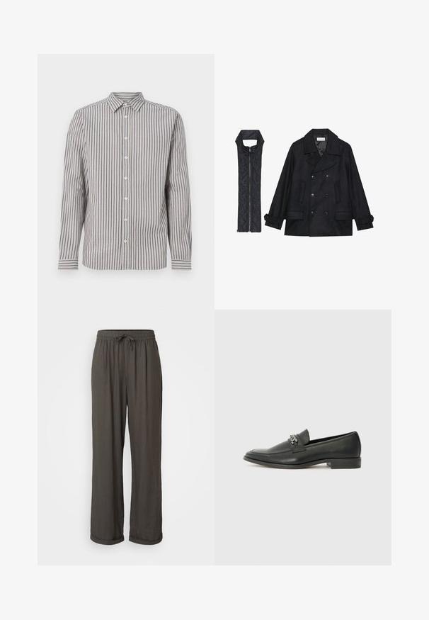 Černý vlněný kabát s dvojitými knoflíky a velkým límcem, doplněný bezrukávovou černou prošívanou vestou se zapínáním na zip.; Pánská košile s dlouhým rukávem ve světle béžové barvě s vertikálními námořnickými pruhy. Obsahuje špičatý límec a bílé knoflíky vpředu.; Tmavě šedé kalhoty s širokým střihem a stahovacími šňůrkami v pase, vyrobené z měkké, texturované tkaniny, s ohrnutými manžetami u kotníků.; Černé kožené mokasíny s hladkým povrchem, s prošívaným designem a dekoračním kovovým řetízkem přes nárt. Plochý podpatek.