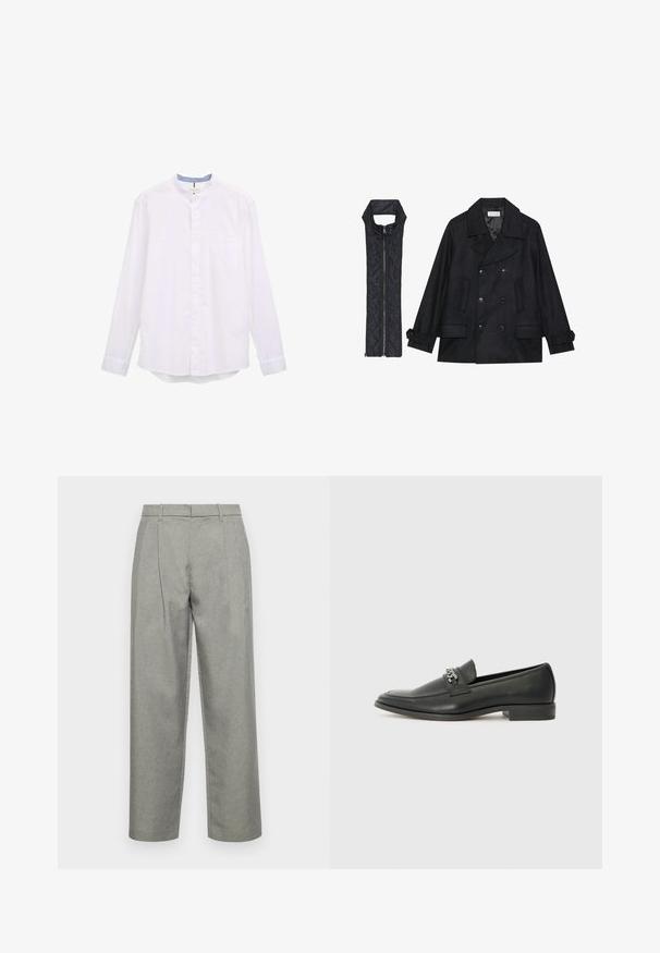 Fekete gyapjú peacoat dupla gombolással és nagy gallérral, melyet egy ujjatlan fekete steppelt mellénnyel párosítanak, amely cipzárral záródik.; Fehér, hosszú ujjú ing band gallérral, gombos hozzáféréssel és egyetlen mellzsebbel. Kontrasztos világoskék belső gallérjával rendelkezik.; Szürke, fazonra készült nadrág texturált anyagból, egyenes szárú kialakítással, elöl redőkkel, és normál derékpánttal, övbujtatókkal.; Fekete bőr loaferek sima felülettel, varrott mintával és díszítő fém lánccal a cipő elején. Lapos sarok.