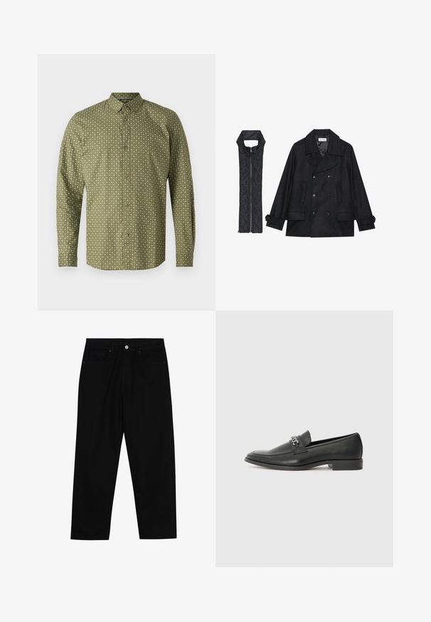 Mustast villast peacoat, millel on topelt nööbid ja suur krae, koos musta ilma varrukateta tikkimisega vestiga, millel on lukuga sulgemine.; Roheline pika varrukaga särk, millel on kraega kaelus, valge plussmärkide mustriga ja pruunide nööpidega ees. Sile tekstuur.; Mustadest denimist püksid, millel on sirge jalg, viie tasku disain ja eesnupuga sulgur. Sile tekstuur koos minimaalsete õmblustega.; Must haveate nahkking punased, millel on sile viimistlus, tikitud muster ja dekoratiivne metallkett vampi üle. Tasane konts.