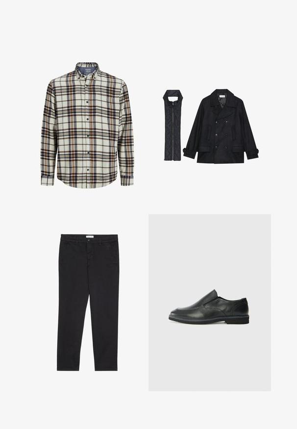 Palton de lână negru, cu închidere dublă și guler mare, asortat cu o vestă neagră, căptușită, fără mâneci, cu închidere cu fermoar.; Cămașă flannel în carouri, crem, albastru și maro. Mâneci lungi, închidere cu nasturi în față, guler standard, cu un buzunar pe piept și edge rotunjit.; Pantaloni din bumbac negri cu o croială slim, având două buzunare laterale și închidere frontală cu buton. Material texturat cu detalii subtile.; Pantof de piele neagră, tip slip-on, cu un superior neted, accente cusute, vârf rotunjit și un toc jos din cauciuc. Talpa are un profil minim de aderență.