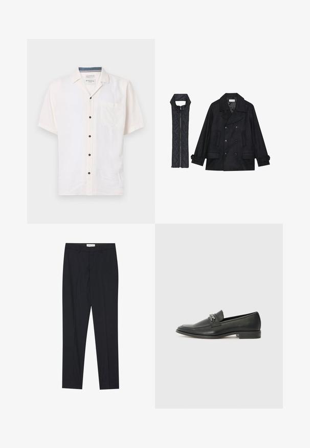 Fekete gyapjú peacoat dupla gombolással és nagy gallérral, melyet egy ujjatlan fekete steppelt mellénnyel párosítanak, amely cipzárral záródik.; Rövid ujjú ing, könnyű anyagból, törtfehér színben, mellzsebkendővel és fekete gombokkal az elülső gomboláson.; Fekete, szabott nadrág, lapos elejű, normál szabású, sima anyagból készült, gyűrt pliszével és oldalsó zsebekkel.; Fekete bőr loaferek sima felülettel, varrott mintával és díszítő fém lánccal a cipő elején. Lapos sarok.