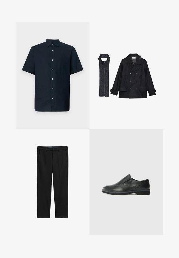 Juodas vilnonis pikoatė su dvigubais mygtukais ir dideliu apykakle, derinamas su juodu be rankovių pūkine liemene su užtrauktuku.; Tamsiai mėlynos spalvos medvilninė trumpomis rankovėmis marškiniai su apykakle, kuri susisega mygtukais ir baltais mygtukais. Lygi tekstūra, tiesus kirpimas ir be raštų.; Juodi tiesūs keliai, pagaminti iš tekstūruotos medžiagos. Su dviem priekiniais kišenėmis ir sagų užsegimu juosmenyje.; Juodai odiniai įtvirtinimo batai su lygiu paviršiumi, siuvinėjimo akcentais, apvalia nosimi ir žemu guminiu kulnu. Pado raštas minimalus.