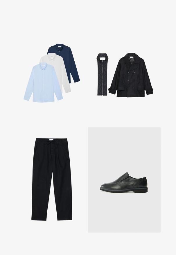 Schwarzer wollener Peacoat mit doppelt geknöpften Knöpfen und großem Kragen, kombiniert mit einer ärmellosen schwarzen gesteppte Weste mit Reißverschluss.; Drei Langarmhemden: hellblau, weiß und marineblau. Alle haben einen klassischen Kragen und eine knöpfbare Vorderseite, aus glattem Stoff gefertigt.; Pier One Chino - black; Schwarze Leder-Slipper mit glattem Obermaterial, gesteppten Akzenten, runder Zehenpartie und niedrigem Gummiabsatz. Die Sohle hat ein minimales Profil.