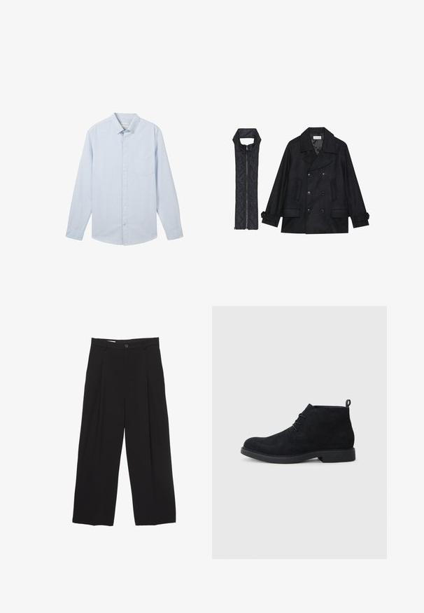 Crni vuneni kaput s dvostrukim kopčanjem i velikim ovratnikom, uparen s crnim bezrukavnim jaknom od mrežastog materijala sa zatvaračem na patent.; Svijetloplava košulja dugih rukava s dugim gumbima, tankim bijelim prugama, klasičnim ovratnikom i džepom na lijevoj strani prsiju, izrađena od pamučne tkanine.; Crne široke hlače od glatkog materijala, s ravnim pojasom, prednjim nabranim detaljima i zatvaranjem na jedan gumb.; Crne antilop čizme do gležnja s zaobljenim vrhom, dizajnom vezivanja i teksturiranim gumenim đonom. Sadrže mali uložak na stražnjoj strani.