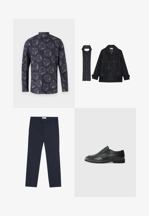 Čierny vlnený peacoat s dvojradovým zapínaním a veľkým golierom, skombinovaný s čiernou prešívanou vestou bez rukávov s rázporkom na zips.; Košeľa s dlhým rukávom v tmavom námorníckom odtieni s kvetinovým vzorom, ktorý obsahuje veľké, tlmené kvety. Zapínanie na gombíky, klasický golier a textúra látky.; Námornícke modré nohavice z bavlny s hladkou textúrou, s predným zipsom, pútkami na opasok a bočnými vreckami pre funkčnosť.; Čierny kožený nazúvací topánka s hladkým zvrškom, prešitými akcentmi, zaoblenou špičkou a nízkym gumovým podpätkom. Podošva má minimálny dezén.