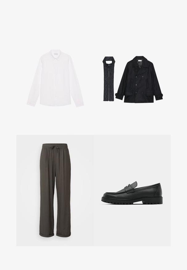 Manteau en laine noir à double boutonnage et grand col, associé à un gilet matelassé sans manches noir avec fermeture éclair.; Chemise blanche à manches longues, en coton. Présente un col classique, des boutons sur le devant et une texture lisse sans motifs visibles.; Pantalons larges gris foncé avec taille à cordon, fabriqués dans un tissu doux et texturé, présentant des ourlets retroussés aux chevilles.; Mocassins en cuir noir à bout arrondi, avec un design cousu, une semelle plateforme basse et une semelle en caoutchouc texturée et crantée.