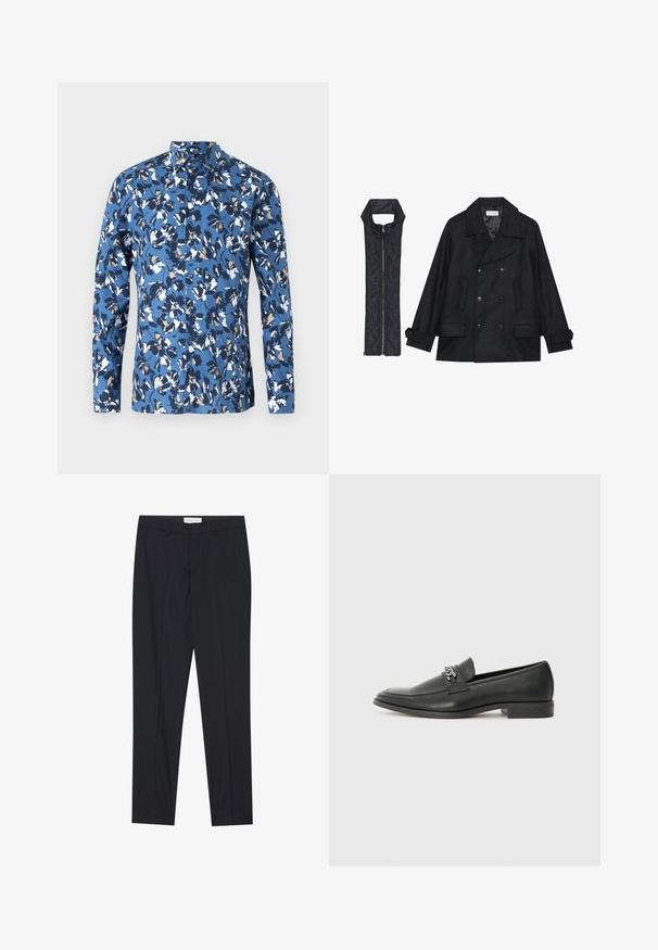 Črn volnen plašč z dvojnimi gumbi in velikim ovratnikom, v kombinaciji z brezrokavnikom iz črnega prešitega materiala z zadrgo.; Modra srajca z dolgimi rokavi in gumbi, ki vsebuje cvetlični vzorec v beli, mornarsko modri in rjavi barvi. Narejena je iz gladkega bombažnega blaga z ovratnikom.; Črne krojene hlače s ravnim sprednjim delom, redne kakovosti, izdelane iz gladkega materiala, z gubanjem in stranskimi žepi.; Črni usnjeni loafer z gladko površino, ki ima šivano zasnovo in dekorativni kovinski verižni naglas preko vampirja. Ravno peto.