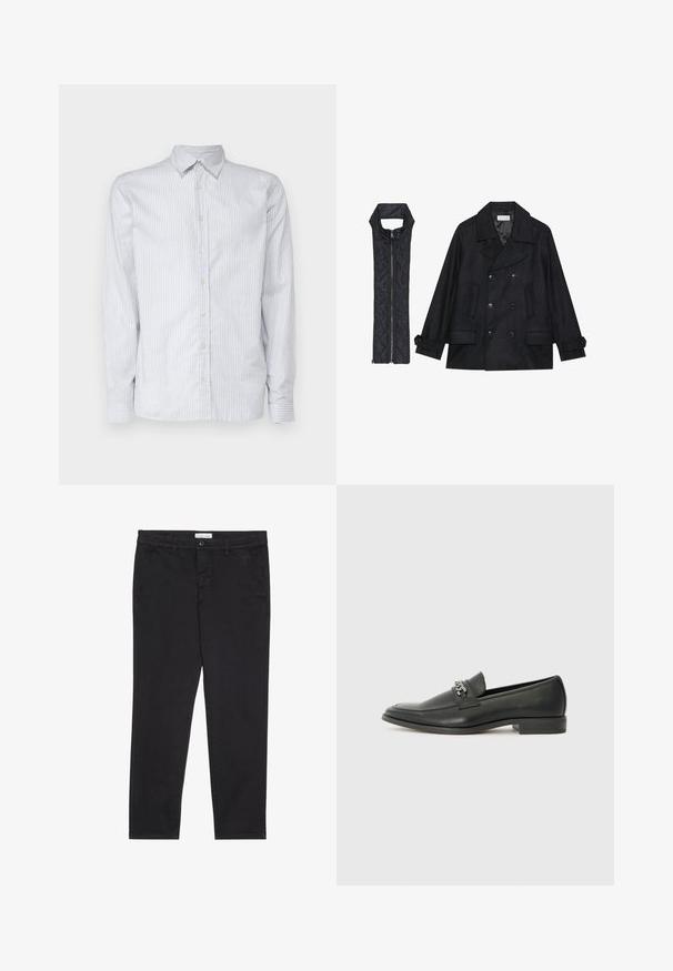 Cappotto di panno nero con bottoni doppi e colletto ampio, abbinato a un gilet senza maniche in tessuto trapuntato nero con chiusura a zip.; Camicia a maniche lunghe a righe azzurro chiaro in cotone. Caratterizzata da un colletto classico, chiusura frontale con bottoni e polsini stretti con righe coordinate.; Pantaloni neri in cotone con vestibilità slim, dotati di due tasche laterali e chiusura anteriore con bottone. Tessuto testurizzato con dettagli sottili.; Mocassino in pelle nera con finitura liscia, caratterizzato da un design cucito e da un accento decorativo in catena metallica sul vamp. Tacco piatto.