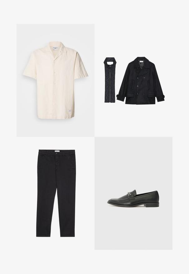 Zwarte wollen peacoat met dubbele knopen en grote kraag, gecombineerd met een mouwloze zwarte gewatteerde vest met ritssluiting.; Korte mouwen, lichtbeige shirt van gestructureerde stof met een puntig kraag, voorzien van een knoopsluiting aan de voorkant en een klein label op de zoom.; Zwarte katoenen broeken met een slim fit, voorzien van twee zijzakken en een sluiting met een voorknop. Geweven stof met subtiele.details.; Zwarte leren instapper met een gladde afwerking, voorzien van een gestikt ontwerp en een decoratieve metalen kettingaccent over de wreef. Platte hak.