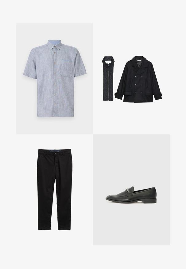 Schwarzer wollener Peacoat mit doppelt geknöpften Knöpfen und großem Kragen, kombiniert mit einer ärmellosen schwarzen gesteppte Weste mit Reißverschluss.; Kurzärmliges, knöpfbares Hemd aus hellblau-weiß gestreiftem Stoff, mit Brusttasche und braunen Knöpfen. Texturiertes, lässiges Design.; Schwarze Chinos aus einem Baumwollmischgewebe. Verfügt über ein gerades Bein Design, zwei seitliche Taschen und einen Metallknopfverschluss an der Taille.; Schwarzer Lederloafer mit glatter Oberfläche, ausgestattet mit einer gesteppten Gestaltung und einem dekorativen Metallkettendetail über dem Vorderblatt. Flacher Absatz.