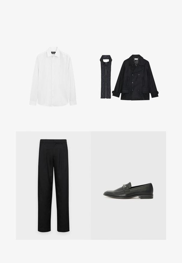 Schwarzer wollener Peacoat mit doppelt geknöpften Knöpfen und großem Kragen, kombiniert mit einer ärmellosen schwarzen gesteppte Weste mit Reißverschluss.; Weißes Langarm-Hemd mit Knopfleiste, das ein dezentes Streifenmuster, einen klassischen Kragen und einen abgerundeten Saum aufweist. Aus leichtem Stoff gefertigt.; Schwarze Hose aus glattem Stoff, mit geradem Bein Design, zwei vorderen Falten und einem Standardbund mit Gürtelschlaufen.; Schwarzer Lederloafer mit glatter Oberfläche, ausgestattet mit einer gesteppten Gestaltung und einem dekorativen Metallkettendetail über dem Vorderblatt. Flacher Absatz.