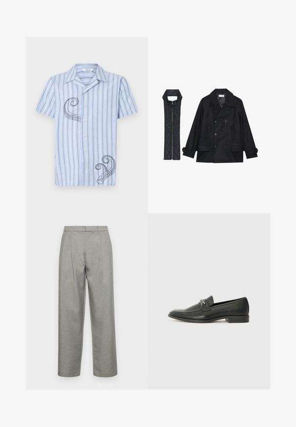 Fekete gyapjú peacoat dupla gombolással és nagy gallérral, melyet egy ujjatlan fekete steppelt mellénnyel párosítanak, amely cipzárral záródik.; Rövid ujjú, világoskék csíkos ing, fekete polip hímzéssel a bal oldalon és gombos elejű kialakítással.; Szürke, fazonra készült nadrág texturált anyagból, egyenes szárú kialakítással, elöl redőkkel, és normál derékpánttal, övbujtatókkal.; Fekete bőr loaferek sima felülettel, varrott mintával és díszítő fém lánccal a cipő elején. Lapos sarok.
