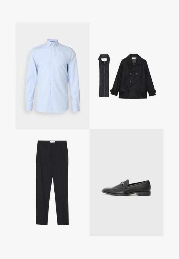 Manteau en laine noir à double boutonnage et grand col, associé à un gilet matelassé sans manches noir avec fermeture éclair.; Chemise boutonnée bleu clair, à manches longues, col classique, en tissu lisse, présentant des boutons blancs sur le devant, design minimaliste.; Pantalons noirs ajustés avec un devant plat, coupe régulière, en tissu lisse, avec des plis pressés et des poches latérales.; Mocassin en cuir noir avec une finition lisse, présentant un design cousu et une accent décoratif en chaîne métallique sur le rand. Talon plat.