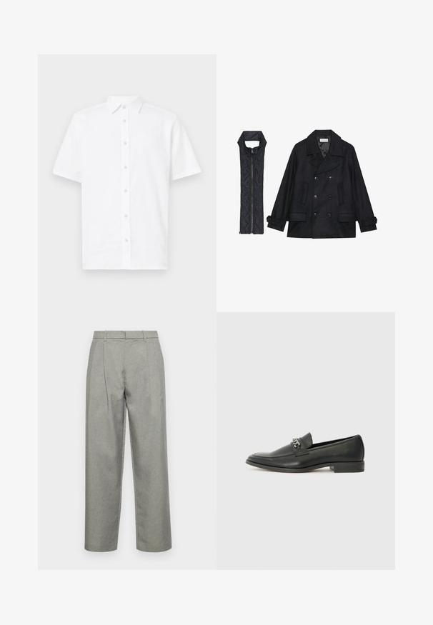 Cappotto di panno nero con bottoni doppi e colletto ampio, abbinato a un gilet senza maniche in tessuto trapuntato nero con chiusura a zip.; Camicia bianca a maniche corte con bottoni realizzata in tessuto leggero. Presenta un colletto classico, un taglio dritto e sei bottoni sul davanti.; Pantaloni grigi su misura realizzati in tessuto testurizzato, con un design a gamba dritta, pieghe frontali e una vita standard con passanti per cintura.; Mocassino in pelle nera con finitura liscia, caratterizzato da un design cucito e da un accento decorativo in catena metallica sul vamp. Tacco piatto.