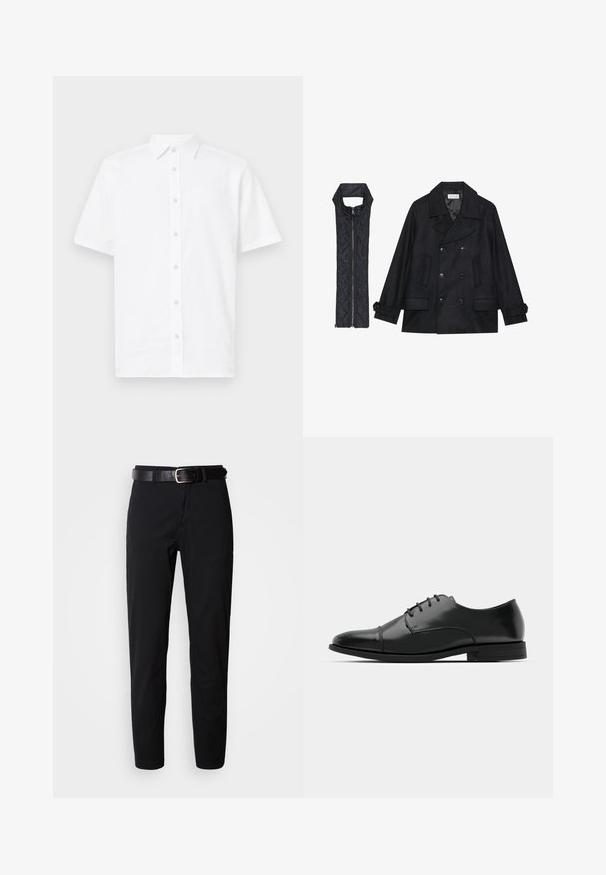 Cappotto di panno nero con bottoni doppi e colletto ampio, abbinato a un gilet senza maniche in tessuto trapuntato nero con chiusura a zip.; Camicia bianca a maniche corte con bottoni realizzata in tessuto leggero. Presenta un colletto classico, un taglio dritto e sei bottoni sul davanti.; Pantaloni neri a gamba dritta, con una texture morbida e una cintura in pelle nera con una fibbia argentata. Design semplice, senza motivi o accenti.; Scarpa da uomo in pelle nera con punta rotonda, design con lacci, dettagli di cucitura discreti e tacco basso. Texture liscia con finitura lucida.