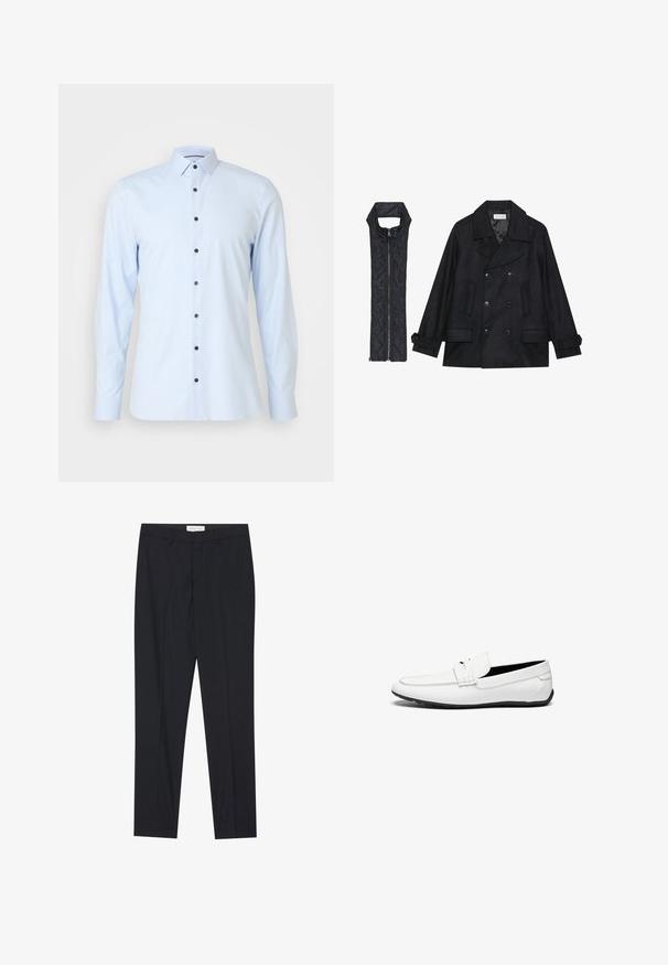 Casaco de lã preto com botões duplos e gola grande, combinado com um colete acolchoado preto sem mangas com fecho de correr.; Camisa de manga longa azul clara, feita de um tecido suave, com colarinho tradicional e botões azul escuro descendo pela frente.; Calças pretas ajustadas com frente plana, corte regular, feitas de tecido suave, com pregas prensadas e bolsos laterais.; Mocassins brancos em couro com um acabamento suave, apresentando um detalhe costurado, um bico arredondado e uma sola de borracha preta para melhor aderência.