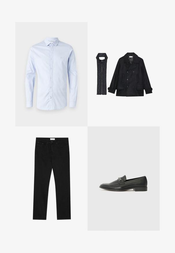 Črn volnen plašč z dvojnimi gumbi in velikim ovratnikom, v kombinaciji z brezrokavnikom iz črnega prešitega materiala z zadrgo.; Svetlo modra bluza z dolgimi rokavi in gumbi, narejena iz bombaža, z klasičnim ovratnikom, sprednjimi gumbi in subtilnim logotipom na prsih.; Črne ravne jeans hlače s petimi žepi, z gumbom in zadrgo za zapiranje ter oznako blagovne znamke Pier One na pasu.; Črni usnjeni loafer z gladko površino, ki ima šivano zasnovo in dekorativni kovinski verižni naglas preko vampirja. Ravno peto.