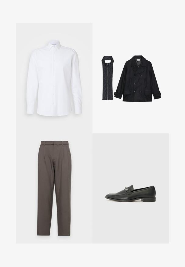 Black woolen peacoat with double-breasted buttons and large collar, paired with a sleeveless black quilted vest featuring a zip closure.; White long-sleeve button-up shirt made of smooth cotton. Features a classic collar, front placket with buttons, and a straight hem.; Jack & Jones JPSTBILL JJDAYTONA WIDE - Trousers - pavement; Black leather loafer with a smooth finish, featuring a stitched design and a decorative metal chain accent across the vamp. Flat heel.