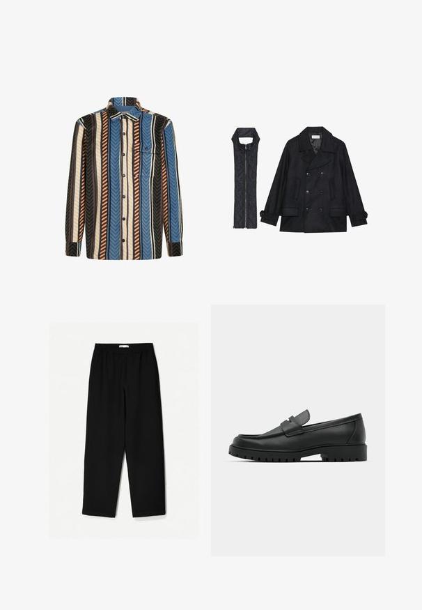 Zwarte wollen peacoat met dubbele knopen en grote kraag, gecombineerd met een mouwloze zwarte gewatteerde vest met ritssluiting.; Langermige blouse met verticale strepen in blauw, bruin, wit en zwart, voorzien van een voorzak met een knoopflap.; Zwarte, wijde broek van een lichtgewicht stof. Voorzien van een elastische tailleband en een soepele textuur. Geen zichtbare patronen of hardware.; Zwarte leren instappers met een ronde neus, voorzien van een gestikt ontwerp, een lage platformzool en een gestructureerde, grof rubberen buitenzool.