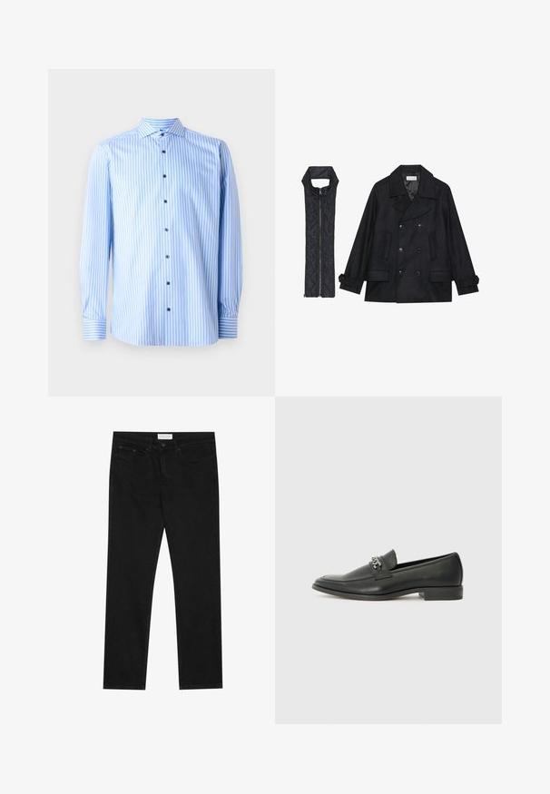 Cappotto di panno nero con bottoni doppi e colletto ampio, abbinato a un gilet senza maniche in tessuto trapuntato nero con chiusura a zip.; Camicia button-up azzurra chiaro con righe verticali bianche, maniche lunghe e colletto aperto. Presenta bottoni blu e dettagli ai polsini.; Jeans neri a gamba dritta con design a cinque tasche, chiusura con bottone e zip, e etichetta del marchio Pier One sulla cintura.; Mocassino in pelle nera con finitura liscia, caratterizzato da un design cucito e da un accento decorativo in catena metallica sul vamp. Tacco piatto.
