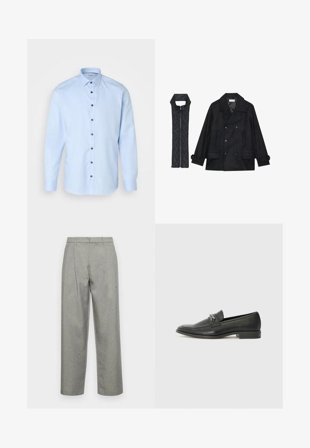 Schwarzer wollener Peacoat mit doppelt geknöpften Knöpfen und großem Kragen, kombiniert mit einer ärmellosen schwarzen gesteppte Weste mit Reißverschluss.; OLYMP Level Five Businesshemd - bleu; Graue maßgeschneiderte Hose aus strukturiertem Stoff mit geradem Bein, Bundfalten und einem Standardbund mit Gürtelschlaufen.; Schwarzer Lederloafer mit glatter Oberfläche, ausgestattet mit einer gesteppten Gestaltung und einem dekorativen Metallkettendetail über dem Vorderblatt. Flacher Absatz.