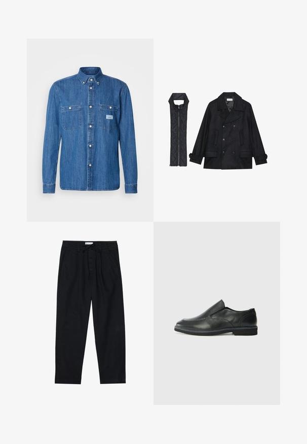 Čierny vlnený peacoat s dvojradovým zapínaním a veľkým golierom, skombinovaný s čiernou prešívanou vestou bez rukávov s rázporkom na zips.; Modrá denimová košeľa s golierom na gombíky, dvoma náprsními vreckami a bielymi cvokmi. Hladká textúra so zreteľnými švíkmi.; Pier One Nohavice chinos - black; Čierny kožený nazúvací topánka s hladkým zvrškom, prešitými akcentmi, zaoblenou špičkou a nízkym gumovým podpätkom. Podošva má minimálny dezén.