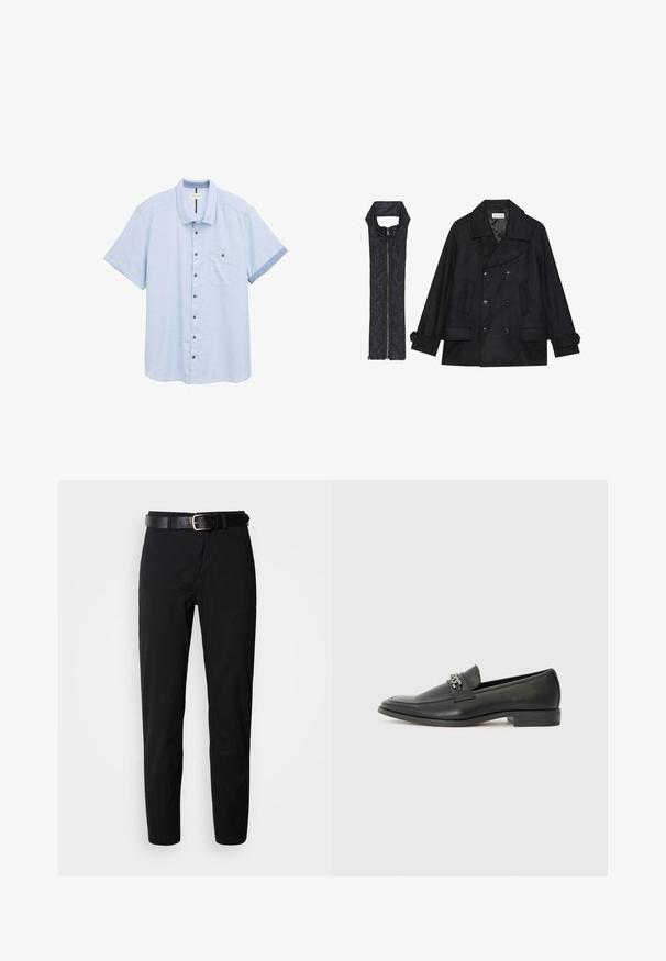 Černý vlněný kabát s dvojitými knoflíky a velkým límcem, doplněný bezrukávovou černou prošívanou vestou se zapínáním na zip.; Světle modrá košile s krátkým rukávem vyrobená z texturovaného materiálu, s předním zapínáním na knoflíky, jednou náprsní kapsou a kontrastními manžetami v tmavší modré barvě.; Černé kalhoty s rovný střih, s hladkým povrchem a černým koženým pásem se stříbrnou sponou. Jednoduchý design, bez vzorů nebo doplňků.; Černé kožené mokasíny s hladkým povrchem, s prošívaným designem a dekoračním kovovým řetízkem přes nárt. Plochý podpatek.