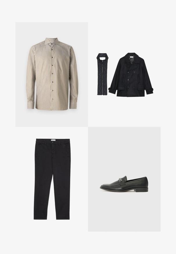Črn volnen plašč z dvojnimi gumbi in velikim ovratnikom, v kombinaciji z brezrokavnikom iz črnega prešitega materiala z zadrgo.; Prugasta srajca z dolgimi rokavi v rjavi in beli barvi, klasičen ovratnik, vključuje vertikalne črte in kontrastne detajle na manšetah.; Črne bombažne hlače s slim fit krojem, z dvema stranskima žepoma in sprednjim gumbom za zapiranje. Teksturirano blago z nežnimi detajli.; Črni usnjeni loafer z gladko površino, ki ima šivano zasnovo in dekorativni kovinski verižni naglas preko vampirja. Ravno peto.