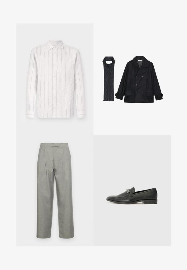 Melnā vilnas jaka ar dubulto pogu rindas un lielu apkakli, apvienota ar bez piedurknēm melnu piepūšamā vesta ar rāvējslēdzēju.; Baltas pogu krekliņš, kas izgatavots no teksturēta auduma un rotāts ar plānām melnām vertikālām svītrām, ar klasisku apkakli un garām piedurknēm ar pogām.; Pelēki piegriezti bikses, izgatavotas no teksturēta auduma, ar taisnu kāju dizainu, priekšējiem krokām un standarta jostu ar jostu cilpām.; Melna ādas loafer izmēra apavi ar gludu virsmu, piedāvā ar šūtu dizainu un dekoratīvu metāla ķēdes akcentu pār vampu. Plakana papēža daļa.