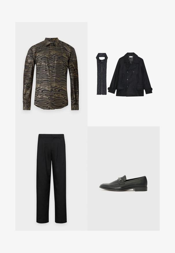 Schwarzer wollener Peacoat mit doppelt geknöpften Knöpfen und großem Kragen, kombiniert mit einer ärmellosen schwarzen gesteppte Weste mit Reißverschluss.; Schwarzes Shirt mit einem wellenförmigen goldenen Muster, langen Ärmeln und einem klassischen Kragen, aus glattem Stoff mit glänzender Oberfläche.; Schwarze Hose aus glattem Stoff, mit geradem Bein Design, zwei vorderen Falten und einem Standardbund mit Gürtelschlaufen.; Schwarzer Lederloafer mit glatter Oberfläche, ausgestattet mit einer gesteppten Gestaltung und einem dekorativen Metallkettendetail über dem Vorderblatt. Flacher Absatz.