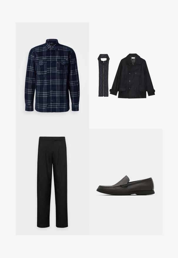 Musta villapaltto, jossa on kaksiriviset napit ja suuri kaulus, yhdistettynä olkaimettomaan mustaan toppaliiviin, joka avautuu vetoketjulla.; Tummansininen napitettavissa oleva paita, jossa on harmaa ruudullinen kuvio, kaksi rinta-taskua nappiläpillä ja taitettu kaulus.; Mustat housut, jotka on valmistettu sileästä kankaasta, suoran lahkeen muotoilulla, kahdella etupleekillä ja tavanomaisella vyötäröllä, jossa on vyölenkit.; Tummanruskeat nahka loaferit, joissa on pyöreä nenä, hienovaraiset ommelsyyt ja matala kumipohja. Sileä tekstuuri ja joustava istuvuus.