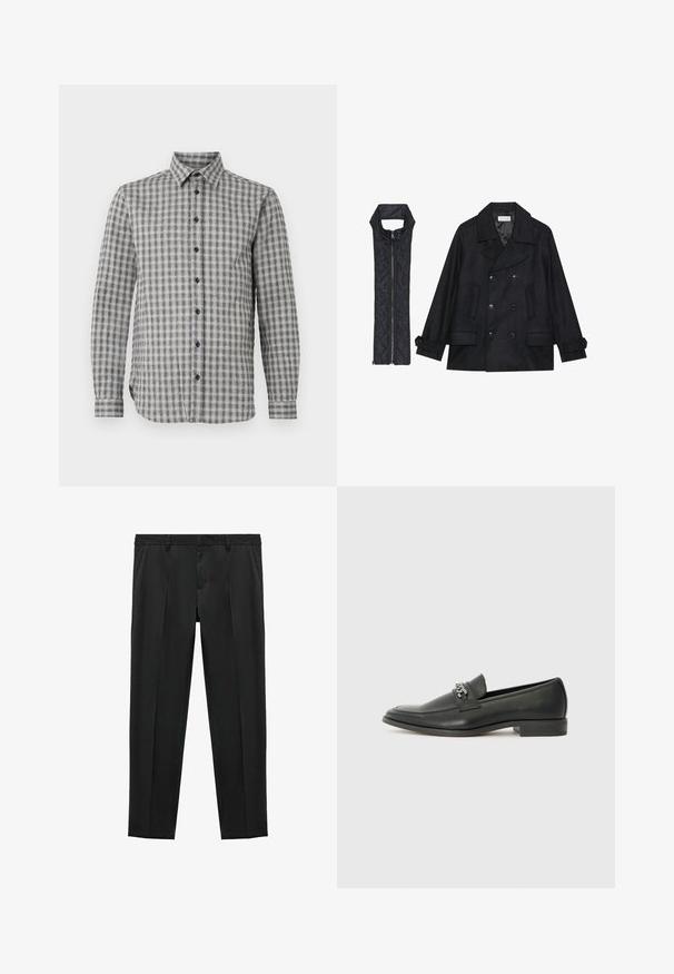 Črn volnen plašč z dvojnimi gumbi in velikim ovratnikom, v kombinaciji z brezrokavnikom iz črnega prešitega materiala z zadrgo.; Moška srajca z dolgimi rokavi v sivi barvi s karo vzorcem, z gubanim ovratom in črnimi gumbi, izdelana iz mehke tkanine.; Črne hlače s prilagojenim krojem, izdelane iz gladkega blaga, z dvema sprednjima pregibom in ravnim pasom. Brez vidne opreme; preprost dizajn.; Črni usnjeni loafer z gladko površino, ki ima šivano zasnovo in dekorativni kovinski verižni naglas preko vampirja. Ravno peto.