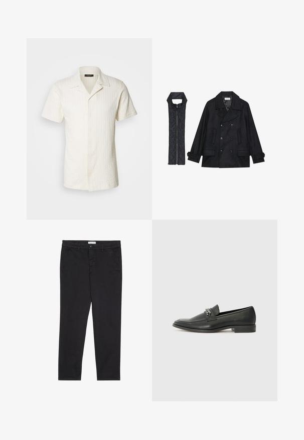 Manteau en laine noir à double boutonnage et grand col, associé à un gilet matelassé sans manches noir avec fermeture éclair.; Chemise à manches courtes, col rabattu, en tissu texturé blanc cassé, présentant un motif à rayures verticales et un devant à boutons complet.; Pantalon en coton noir à coupe slim, avec deux poches latérales et une fermeture à bouton à l'avant. Tissu texturé avec des détails subtils.; Mocassin en cuir noir avec une finition lisse, présentant un design cousu et une accent décoratif en chaîne métallique sur le rand. Talon plat.