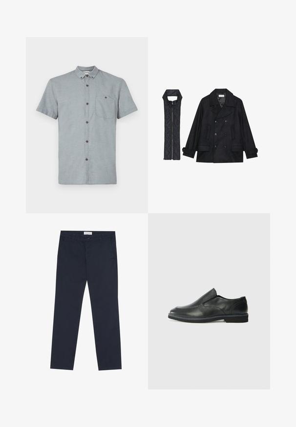 Musta villapaltto, jossa on kaksiriviset napit ja suuri kaulus, yhdistettynä olkaimettomaan mustaan toppaliiviin, joka avautuu vetoketjulla.; Vaaleanharmaa, lyhythihainen kauluspaita, jossa on tekstuuritilkku. Paidassa on rintatasku ja tummat napit.; Tummansiniset chinot, valmistettu puuvillasta, jossa on sileä pinta. Niissä on vetoketjusuljenta, vyölenkit ja sivutaskut käytännöllisyyden vuoksi.; Musta nahkainen liukujalkine, jossa on sileä pinta, ommeltuja yksityiskohtia, pyöristetty kärki ja matala kumipohja. Pohjassa on minimaalinen pito.