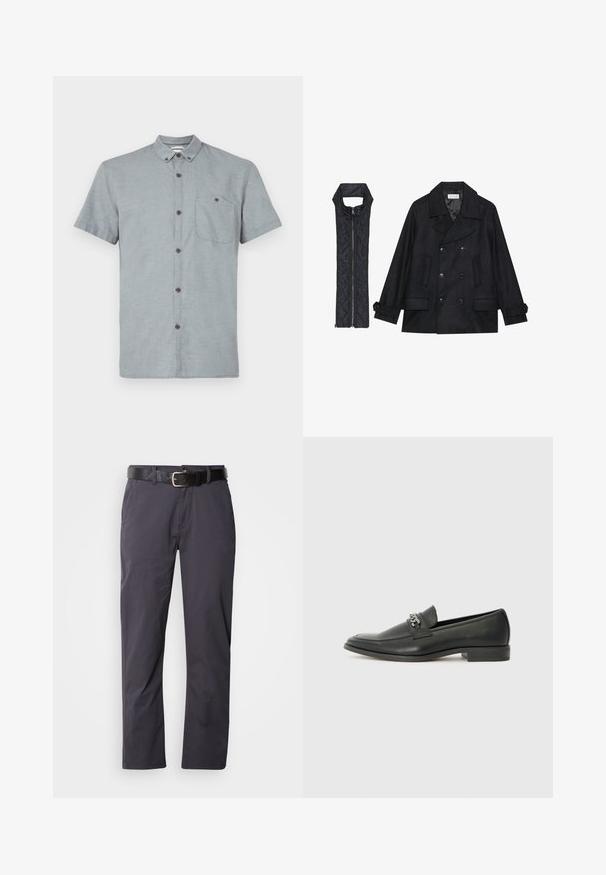 Schwarzer wollener Peacoat mit doppelt geknöpften Knöpfen und großem Kragen, kombiniert mit einer ärmellosen schwarzen gesteppte Weste mit Reißverschluss.; Kurzarmhemd mit Kragen aus hellgrauem Stoff mit strukturiertem Muster. Verfügt über eine Brusttasche und dunkle Knöpfe.; Schwarze Baumwollhosen mit geradem Schnitt, ausgestattet mit zwei Fronttaschen und einem Gürtel. Der Stoff hat eine glatte Textur und ein mattes Finish.; Schwarzer Lederloafer mit glatter Oberfläche, ausgestattet mit einer gesteppten Gestaltung und einem dekorativen Metallkettendetail über dem Vorderblatt. Flacher Absatz.