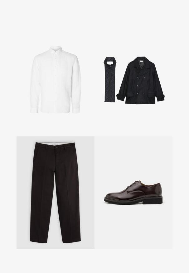 Melnā vilnas jaka ar dubulto pogu rindas un lielu apkakli, apvienota ar bez piedurknēm melnu piepūšamā vesta ar rāvējslēdzēju.; Balta lina krekls ar garām piedurknēm, ar pogām apkaklē, priekšpuses pogām un brīvu piegriezumu ar taisnām aprocēm.; Melnas taisnās kājas chinos bikses ar jostu cilpiņām, pogu aizdari un sānu kabatām, izstādītas uz gaiši pelēka fona.; Brūnas ādas Oksfordas kurpes ar spīdīgu apdari, apaļu purngalu, aukliņu slēgšanas dizainu un biezām melnām gumijas zolēm. Šuvju detaļa augšdaļā.